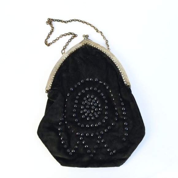 Vintage Antique? Black Velvet Jeweled Chain Handle Clutch Bag - Picture 1 of 7